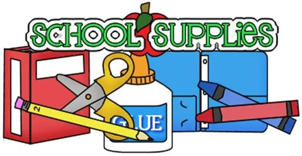 School Supplies illustration with scissors, glue and pencils